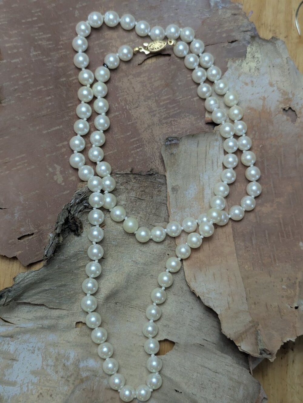 Vintage Signed Pat Necklace Cream Glass Faux Pearls Gold Tone Filigree Clasp